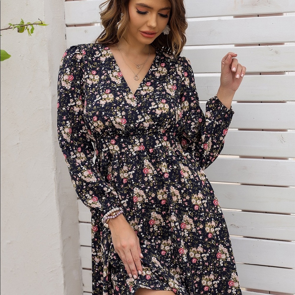 Ditsy Floral Surplice Neck A-line Dress